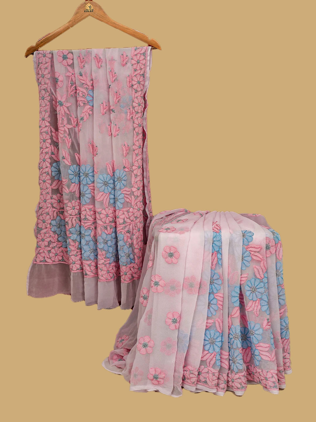 Ada Hand Embroidered Pink Georgette Lucknowi Chikankari Saree and Blouse 01A748586