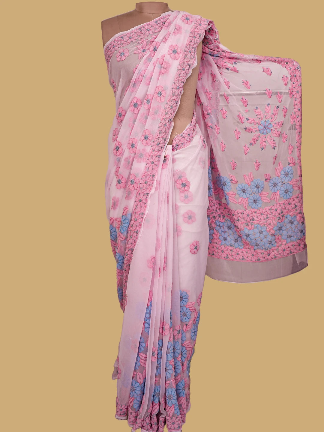 Ada Hand Embroidered Pink Georgette Lucknowi Chikankari Saree and Blouse 01A748586