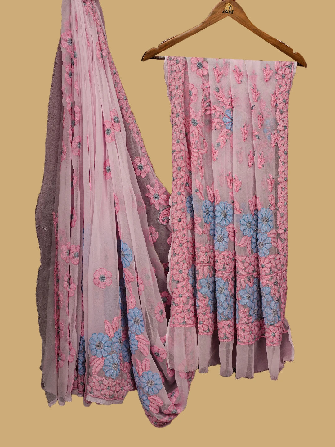 Ada Hand Embroidered Pink Georgette Lucknowi Chikankari Saree and Blouse 01A748586