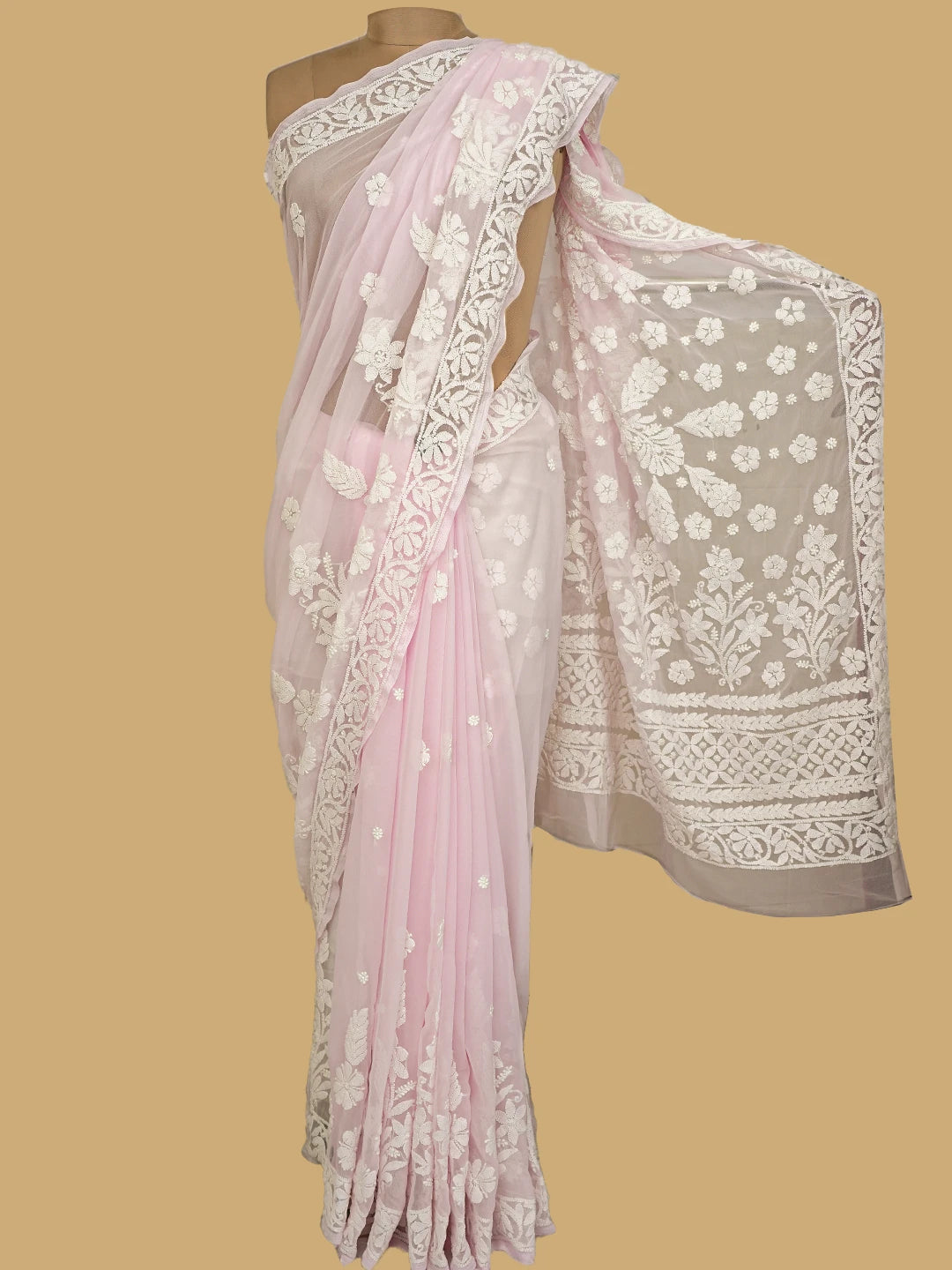 Ada Hand Embroidered Baby Pink Georgette Lucknowi Chikankari Saree With Blouse 01A748660