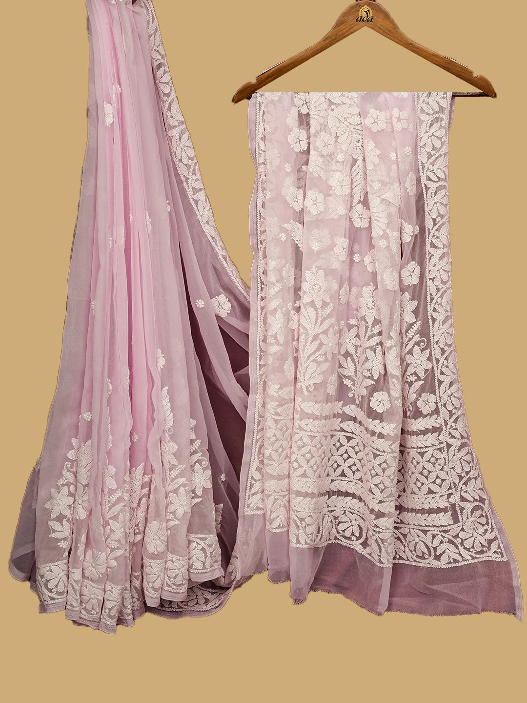 Ada Hand Embroidered Baby Pink Georgette Lucknowi Chikankari Saree With Blouse 01A748660