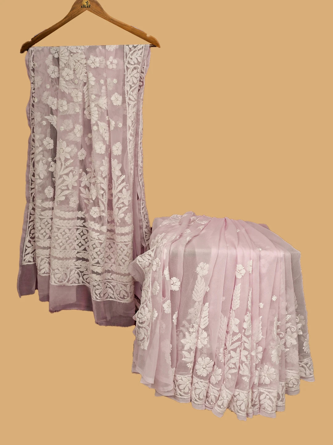 Ada Hand Embroidered Baby Pink Georgette Lucknowi Chikankari Saree With Blouse 01A748660