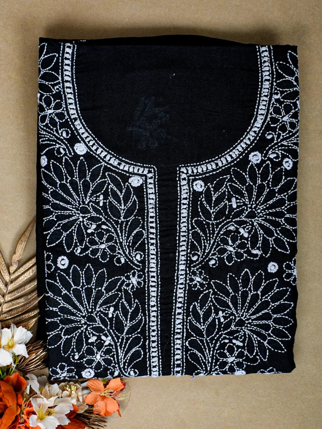 Ada Hand Embroidered Black Cotton Lucknowi Chikankari Unstitched Kurta Piece 01A759459