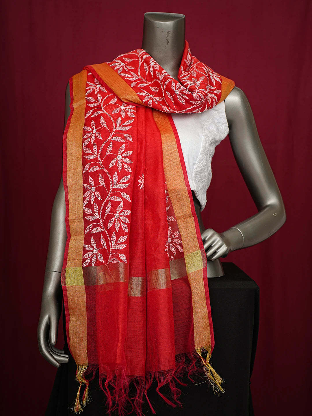 Ada Hand Embroidered Red Chanderi Lucknowi Chikankari Dupatta 01A752133