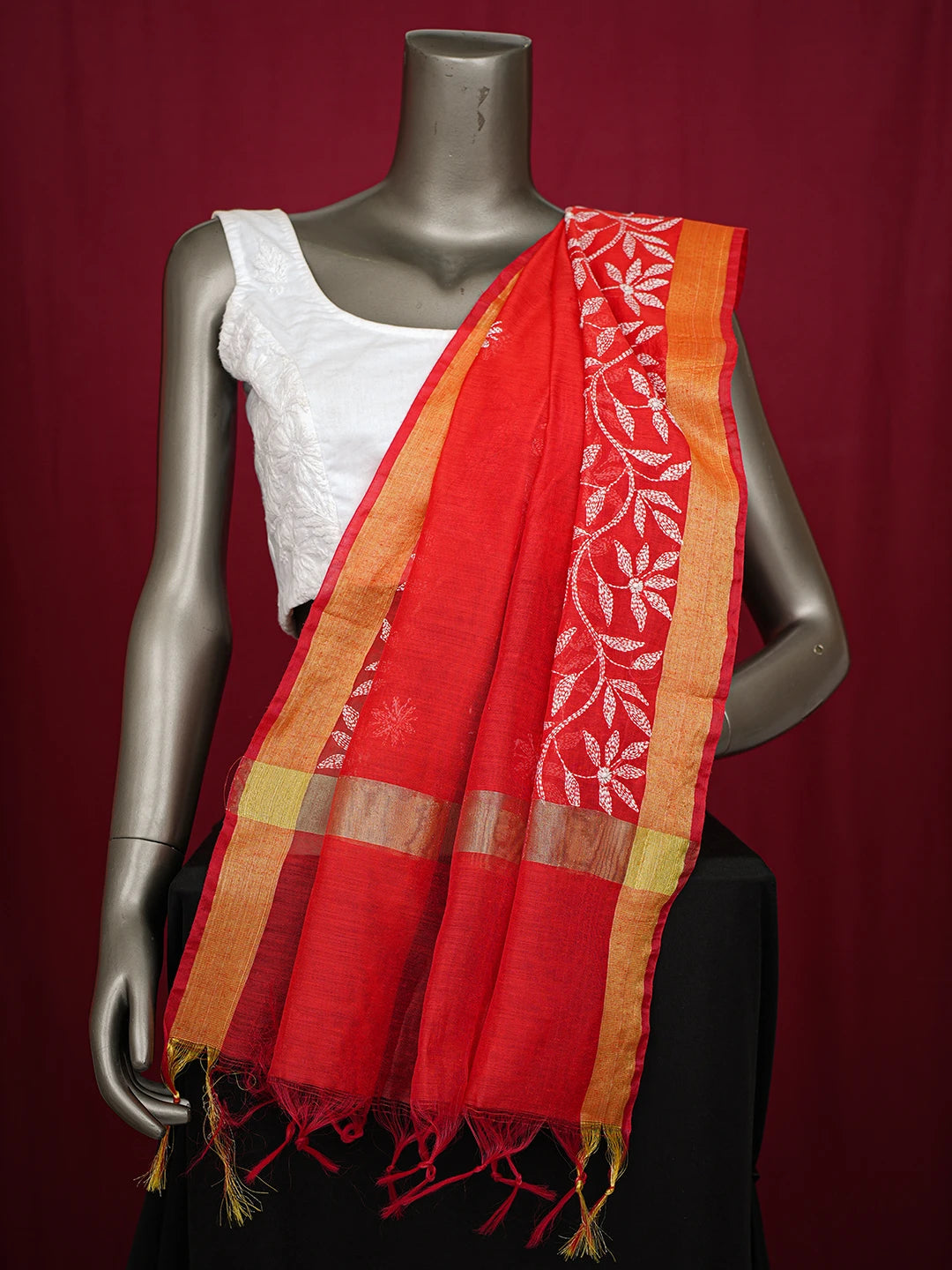 Ada Hand Embroidered Red Chanderi Lucknowi Chikankari Dupatta 01A752133