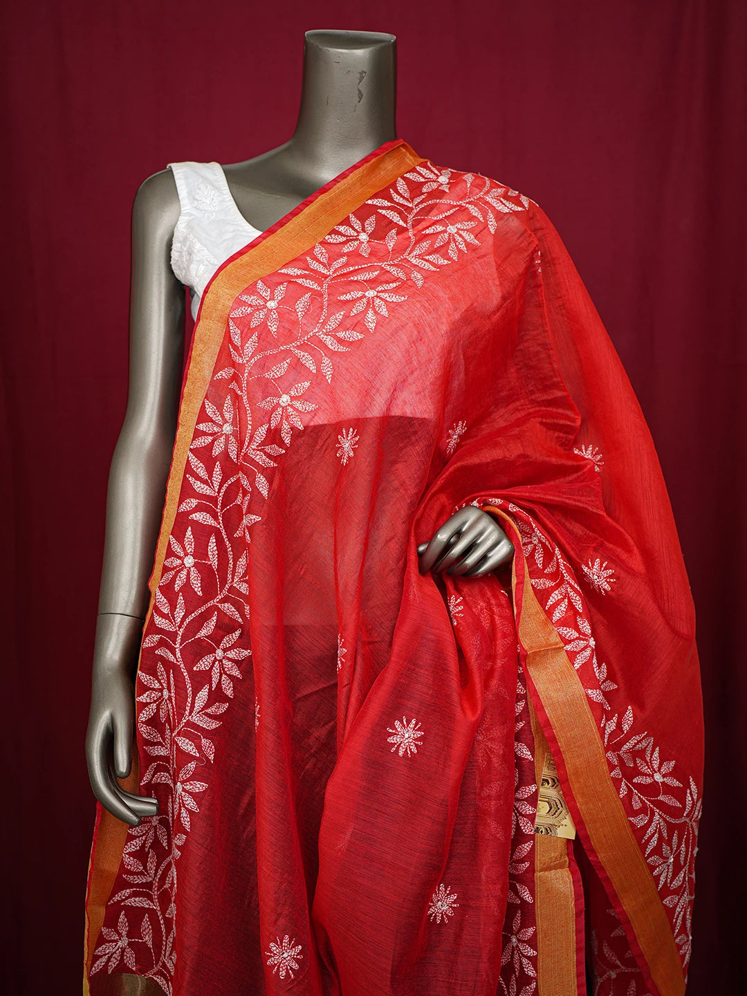 Ada Hand Embroidered Red Chanderi Lucknowi Chikankari Dupatta 01A752133