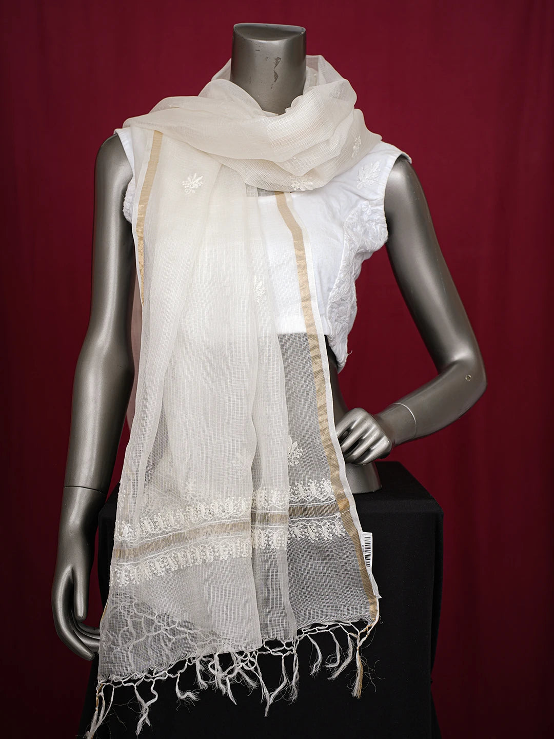 Ada Hand Embroidered White Kota Silk Lucknowi Chikankari Dupatta 01A736741