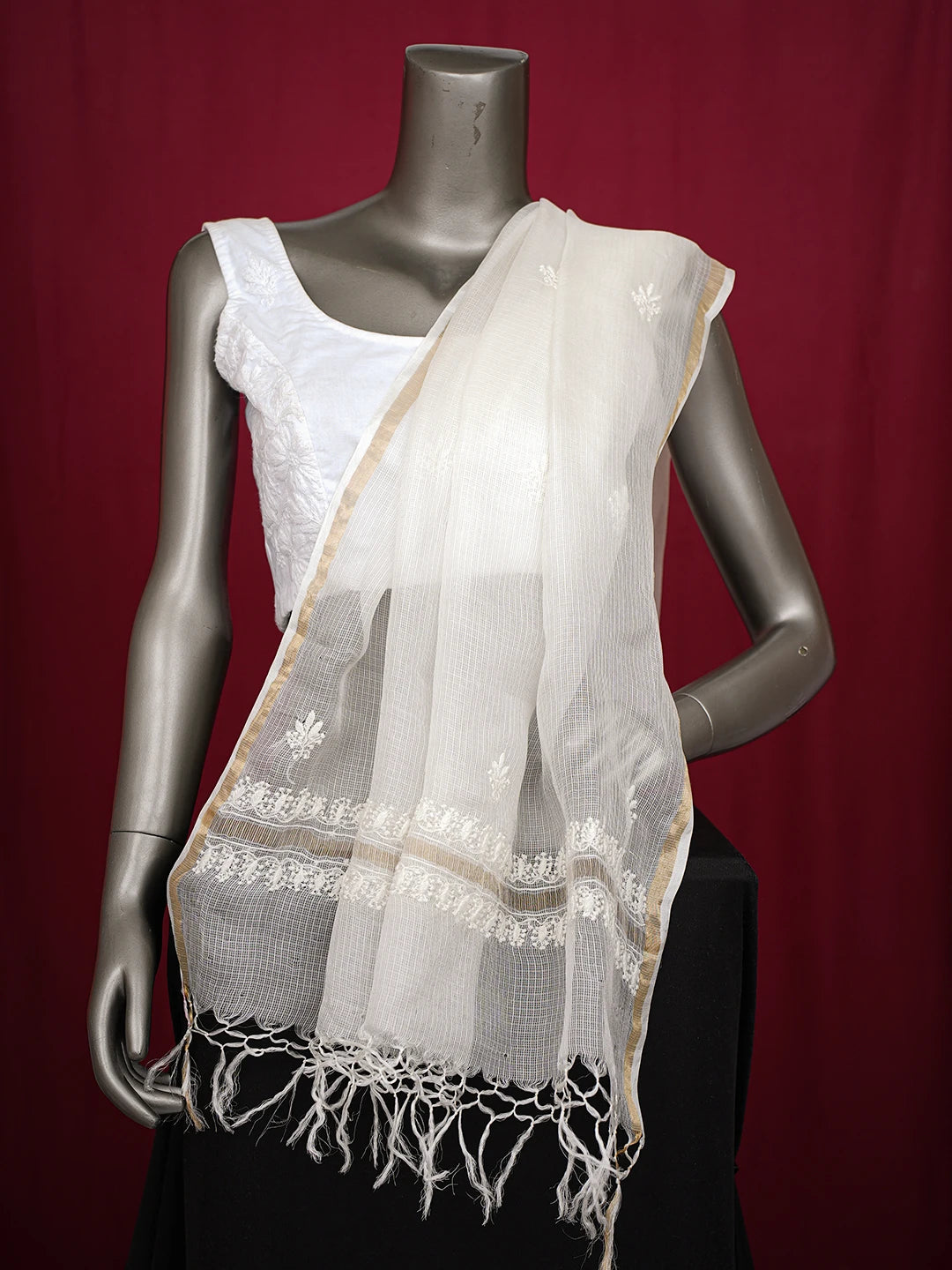 Ada Hand Embroidered White Kota Silk Lucknowi Chikankari Dupatta 01A736741