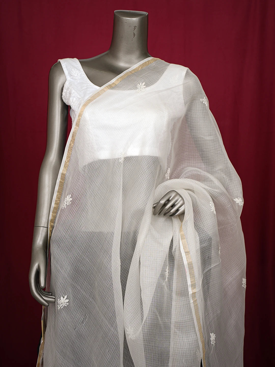 Ada Hand Embroidered White Kota Silk Lucknowi Chikankari Dupatta 01A736741