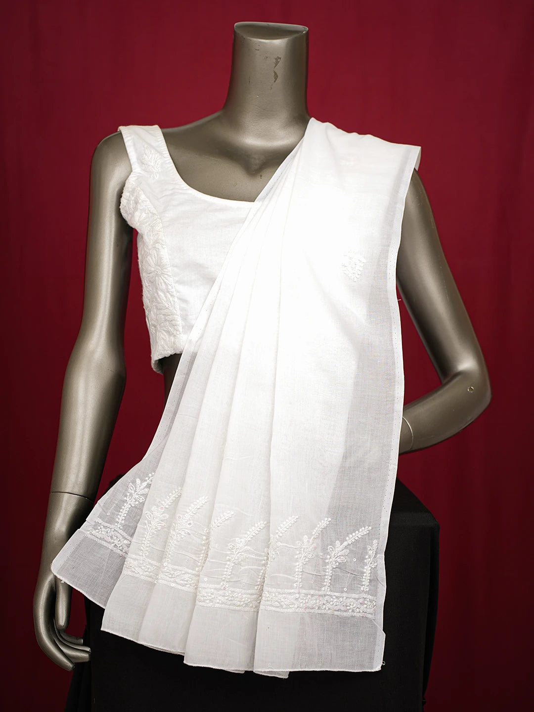 Ada Hand Embroidered White Cotton Lucknowi Chikankari Dupatta With Sequinned Work 01A515868