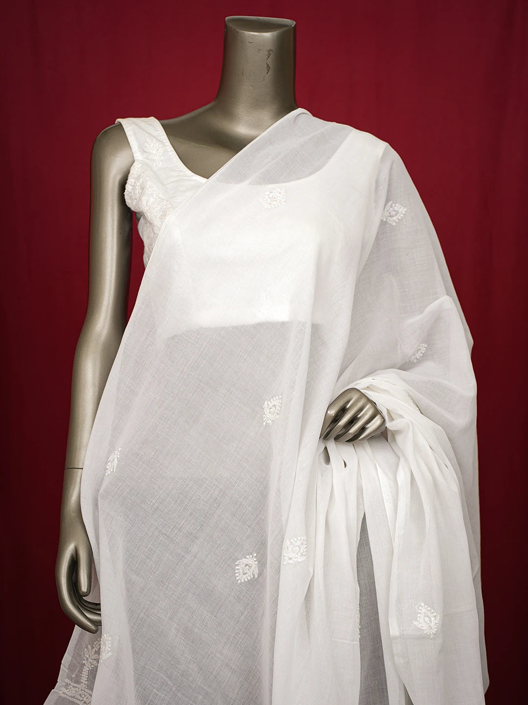 Ada Hand Embroidered White Cotton Lucknowi Chikankari Dupatta With Sequinned Work 01A515868