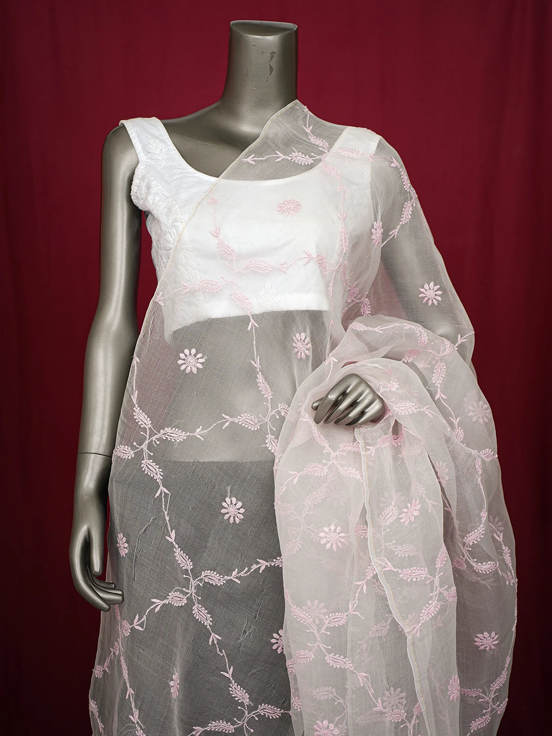 Ada Hand Embroidered White Organza Lucknowi Chikankari Dupatta 01A760076