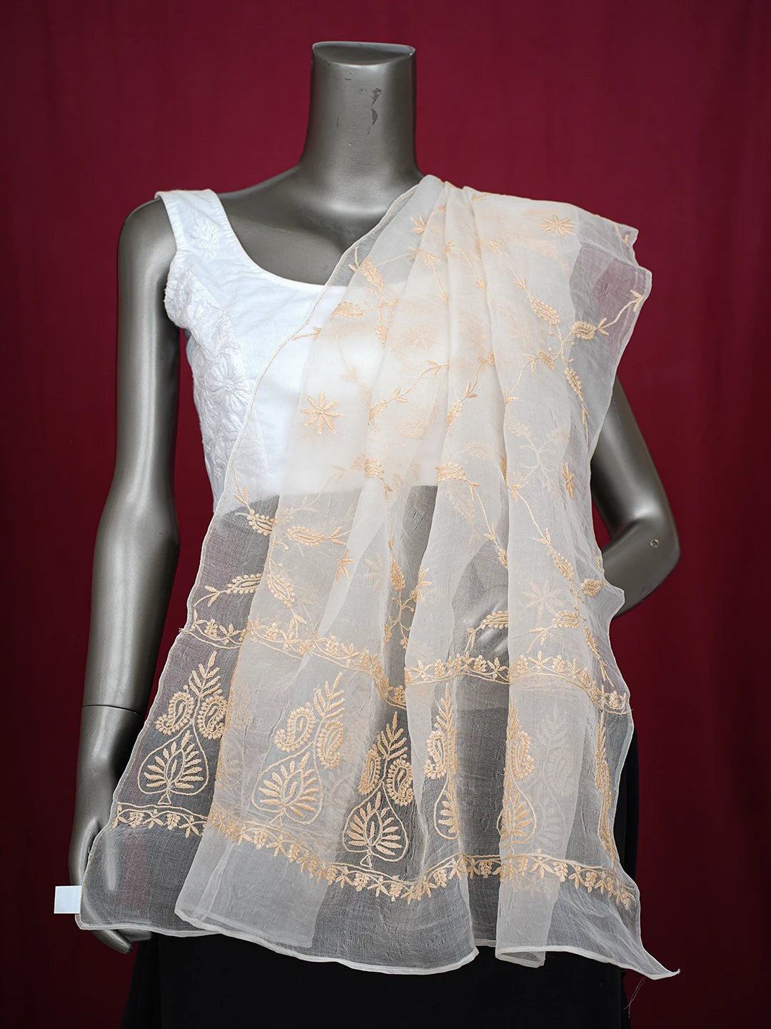 Ada Hand Embroidered Eggshell White Organza Lucknowi Chikankari Dupatta 01A760079