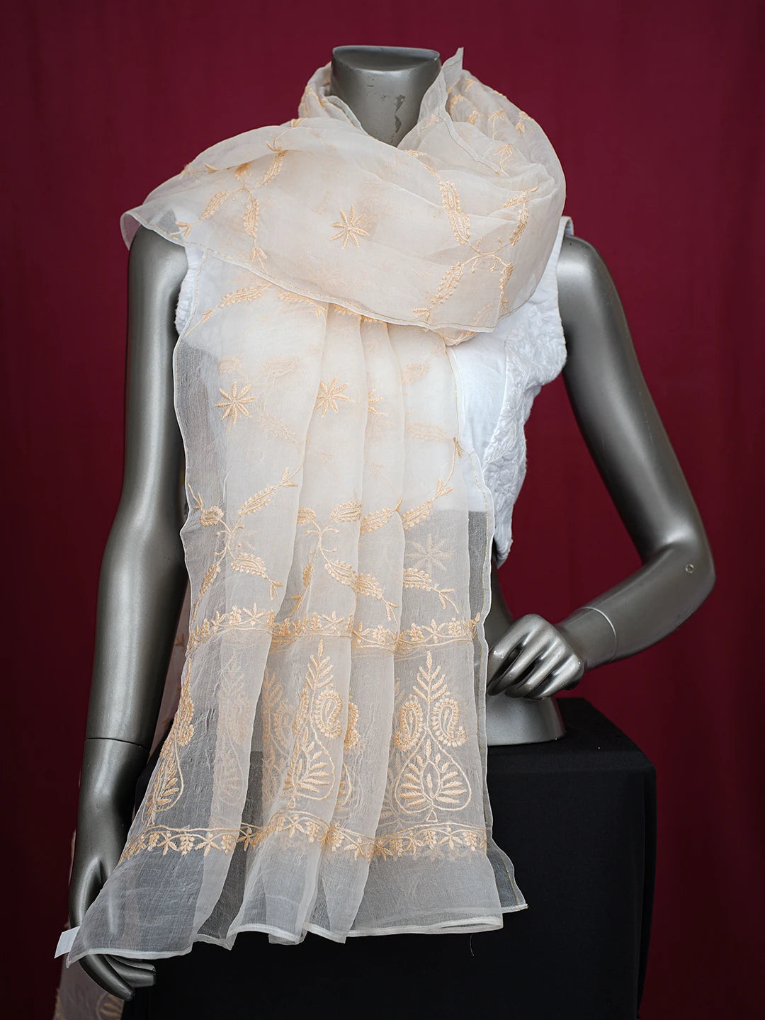 Ada Hand Embroidered Eggshell White Organza Lucknowi Chikankari Dupatta 01A760079