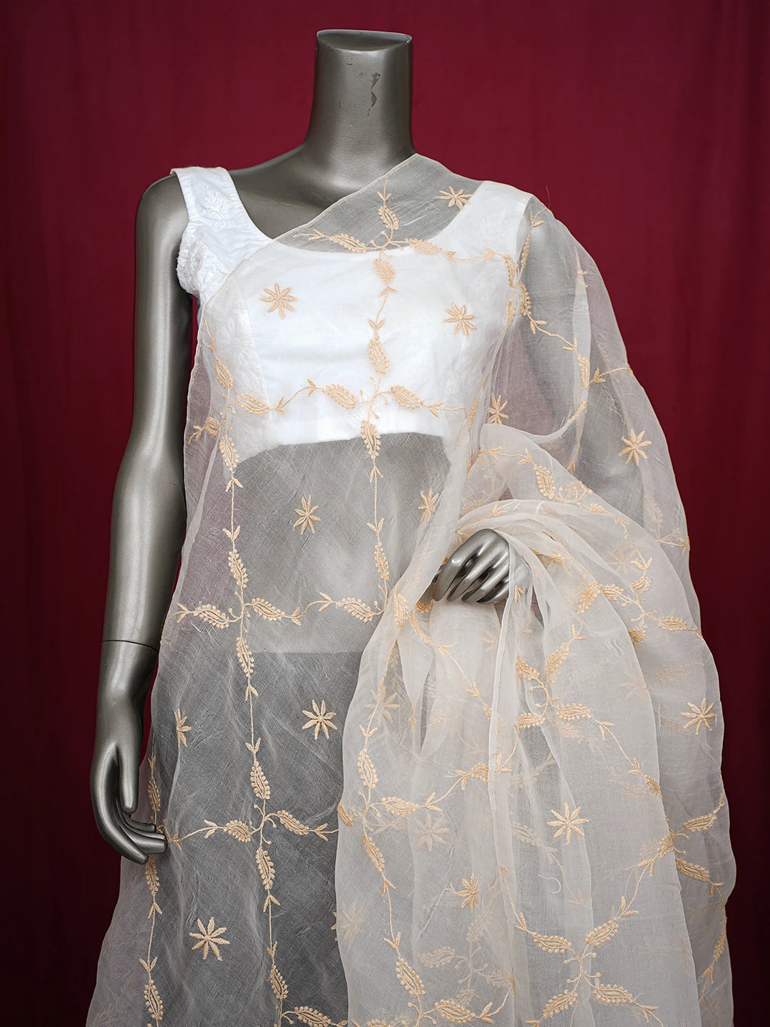 Ada Hand Embroidered Eggshell White Organza Lucknowi Chikankari Dupatta 01A760079