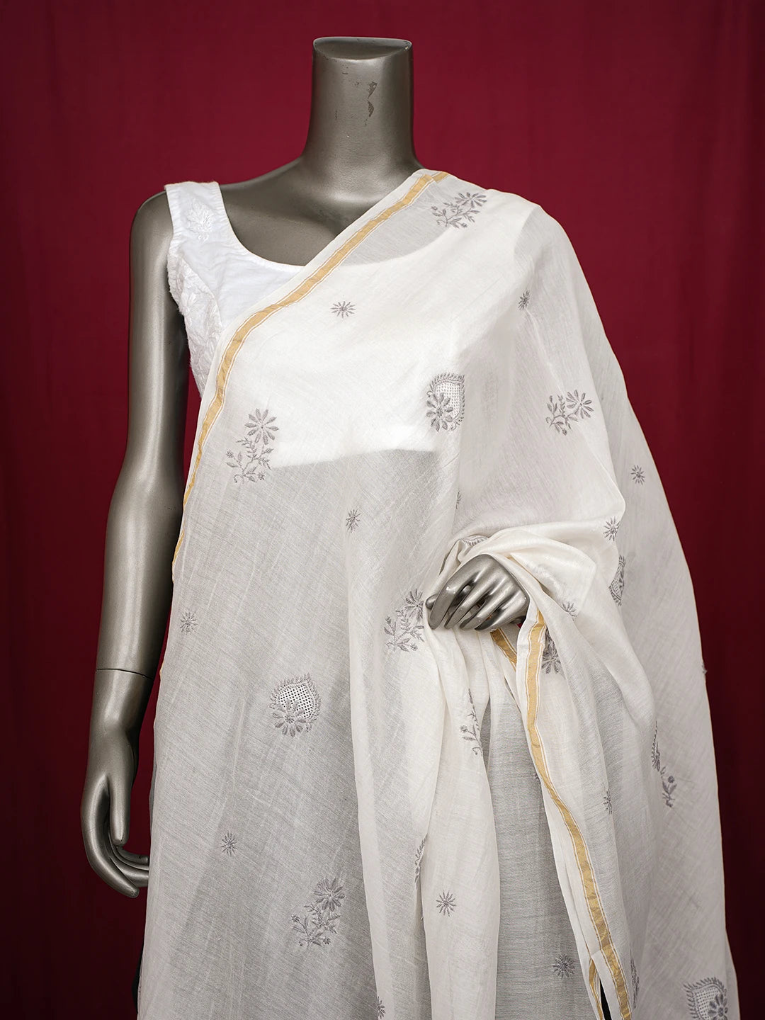 Ada Hand Embroidered White Chanderi Lucknowi Chikankari Dupatta 01A762275