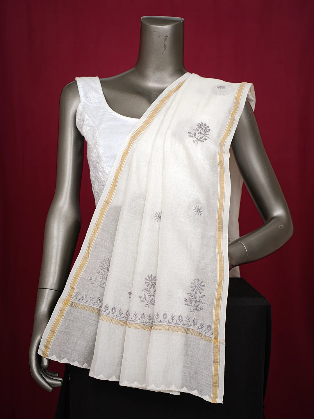 Ada Hand Embroidered White Chanderi Lucknowi Chikankari Dupatta 01A762275