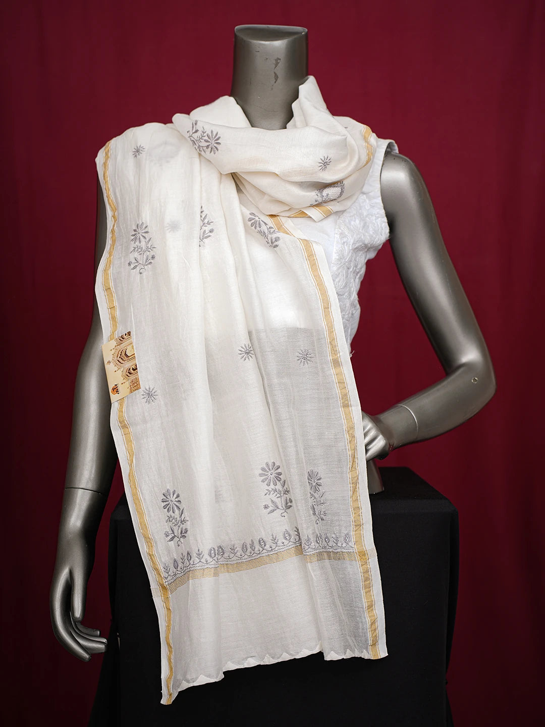 Ada Hand Embroidered White Chanderi Lucknowi Chikankari Dupatta 01A762275