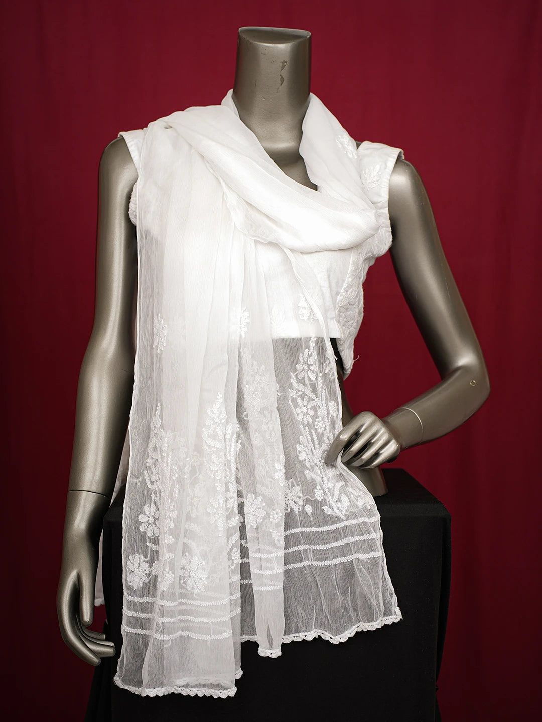 Ada Hand Embroidered White Chiffon Lucknowi Chikankari Dupatta 01A700605