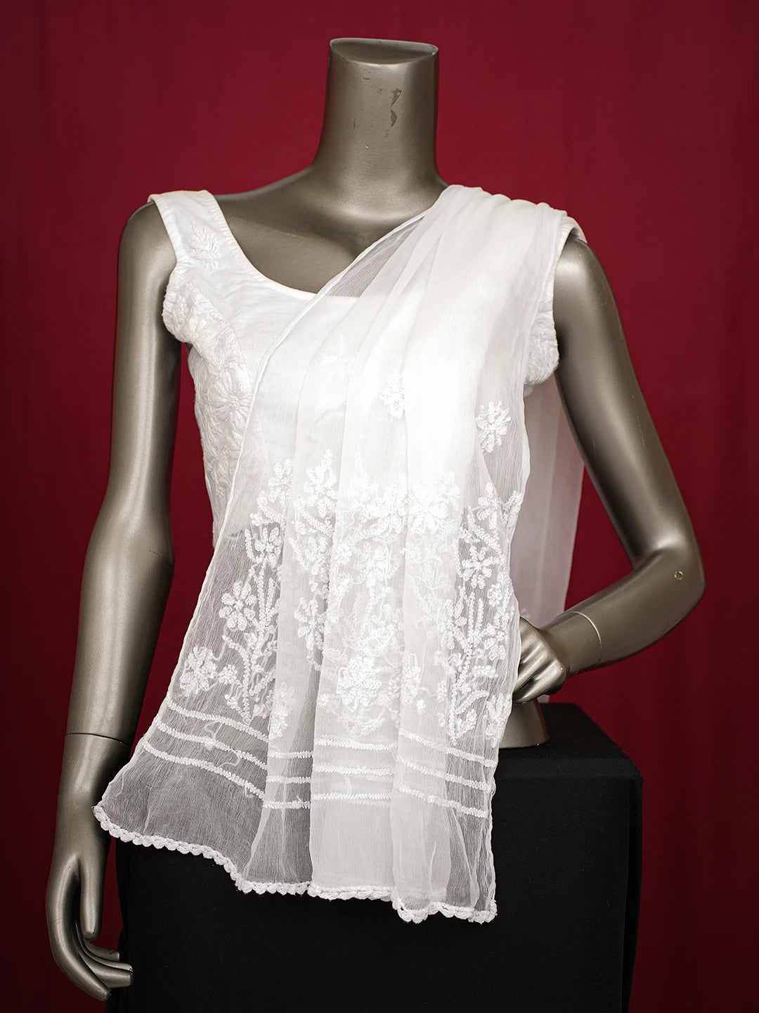 Ada Hand Embroidered White Chiffon Lucknowi Chikankari Dupatta 01A700605