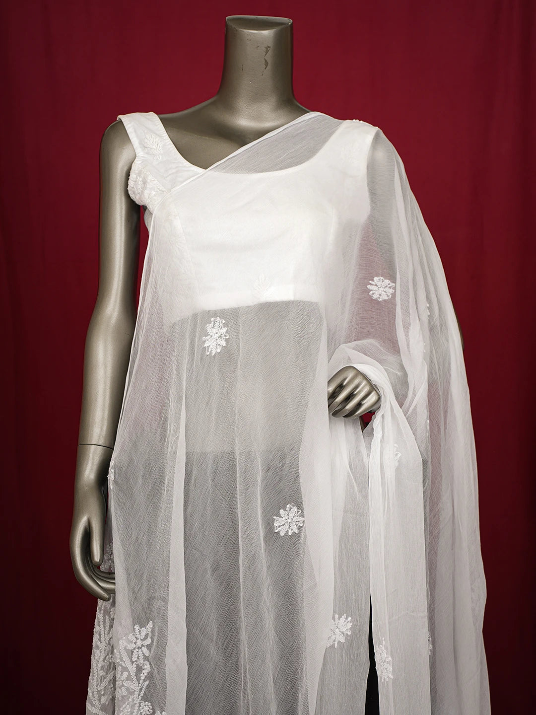 Ada Hand Embroidered White Chiffon Lucknowi Chikankari Dupatta 01A700605