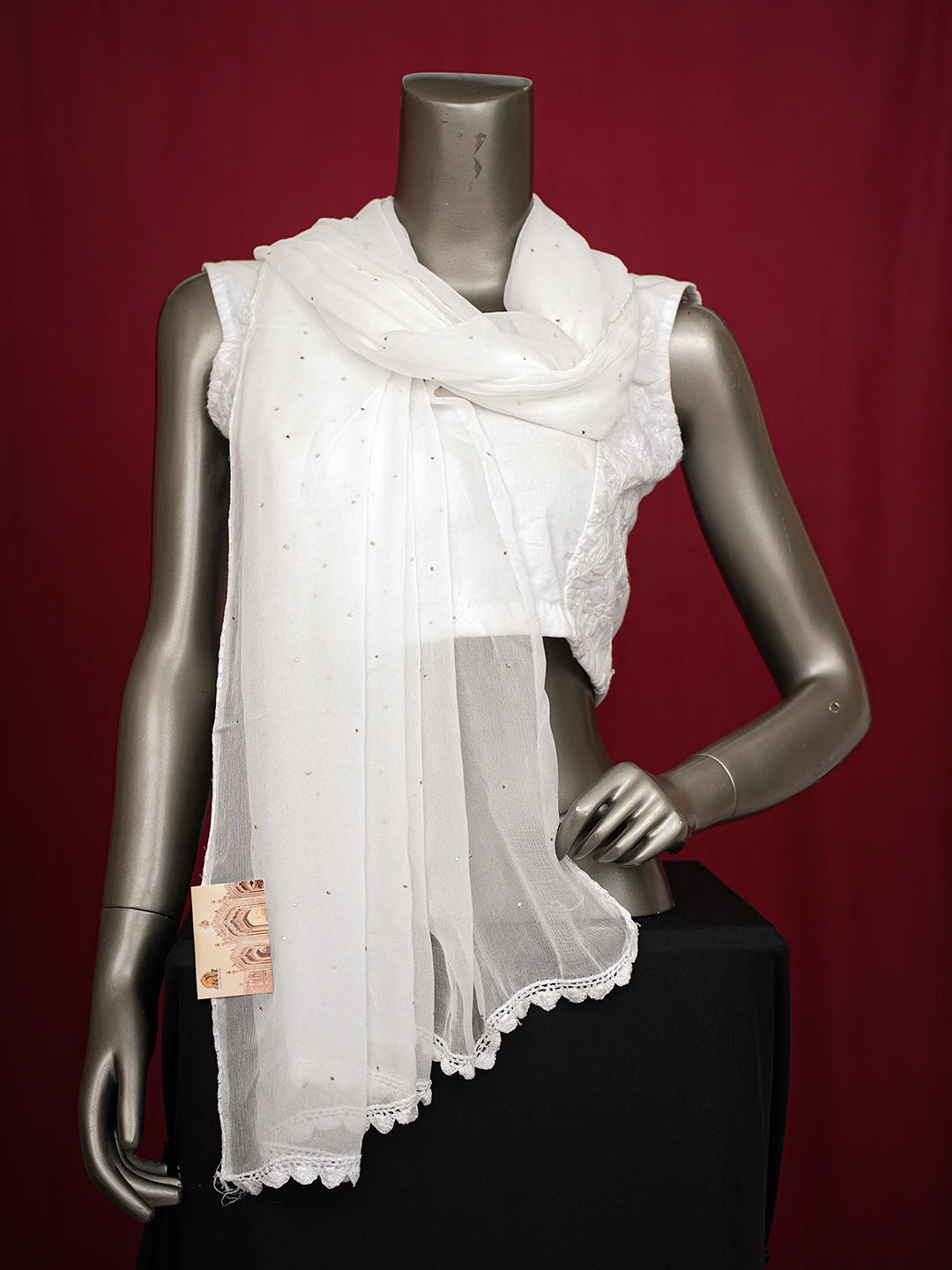 Ada  Hand Embroidered White Chiffon Lucknowi Chikankari Dupatta With Muqaish Work 01A756541