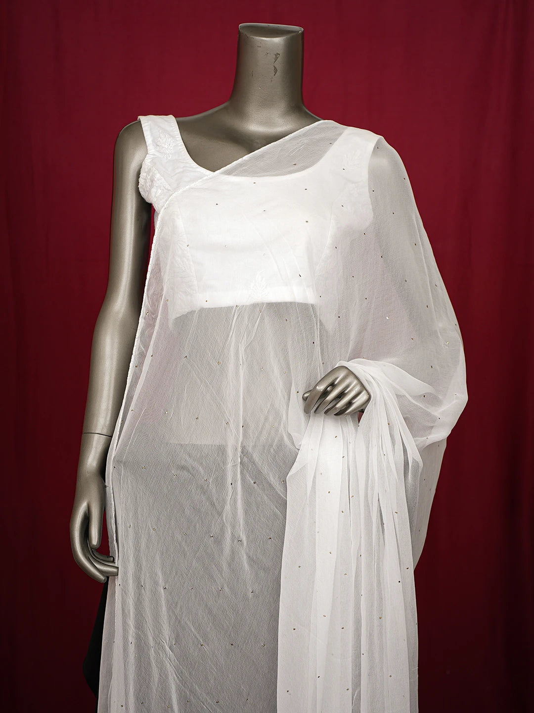 Ada  Hand Embroidered White Chiffon Lucknowi Chikankari Dupatta With Muqaish Work 01A756541