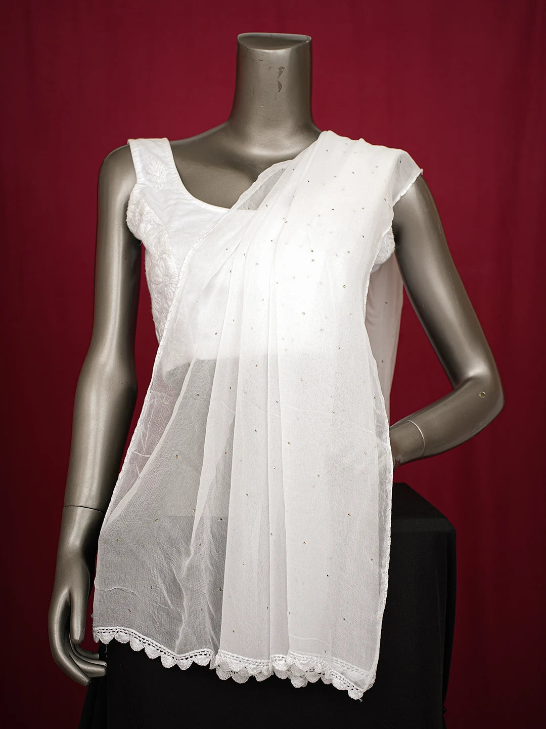 Ada  Hand Embroidered White Chiffon Lucknowi Chikankari Dupatta With Muqaish Work 01A756541