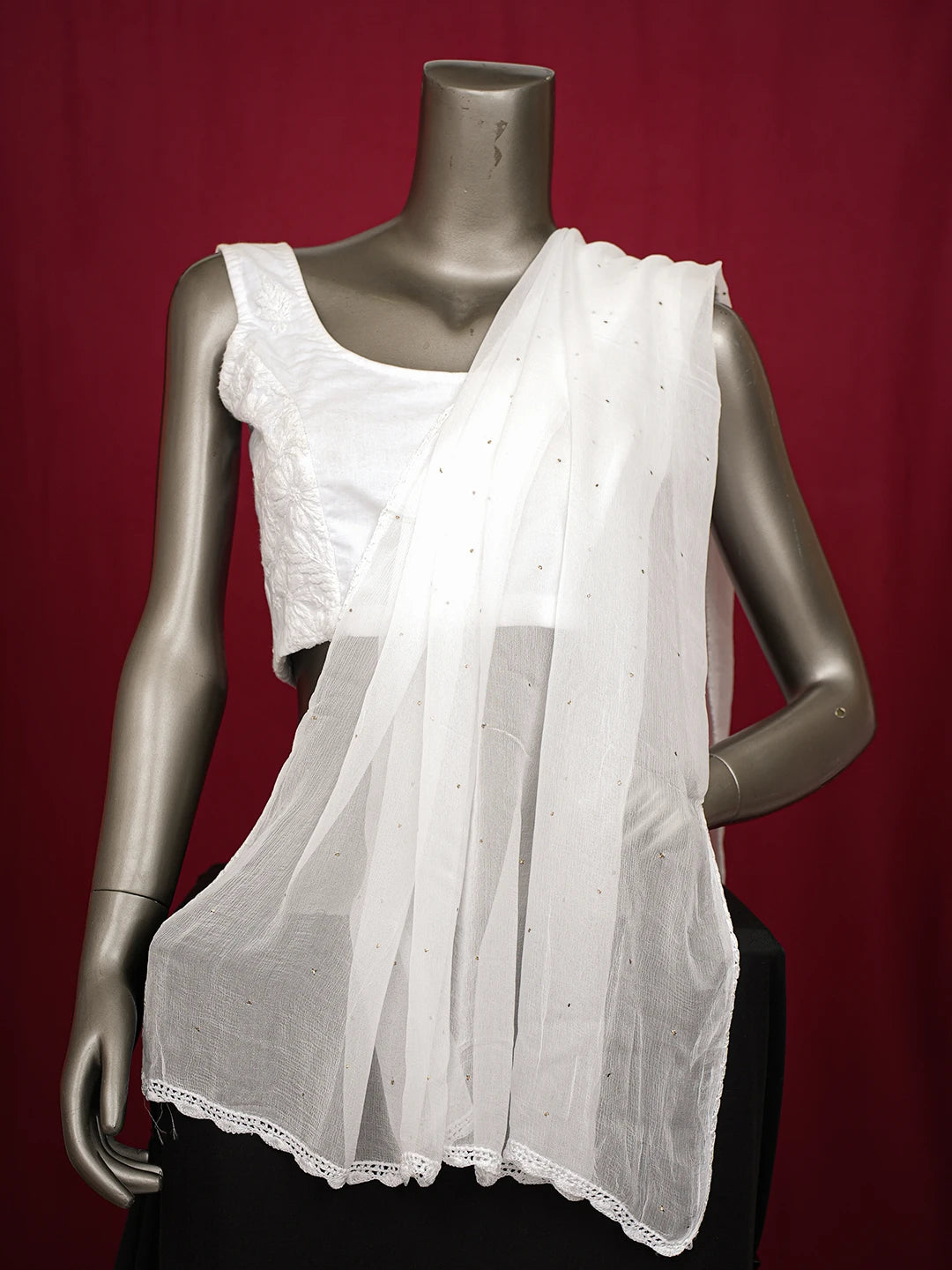 Ada Hand Embroidered White Chiffon Lucknowi Chikankari Dupatta With Muqaish Work 01A756595
