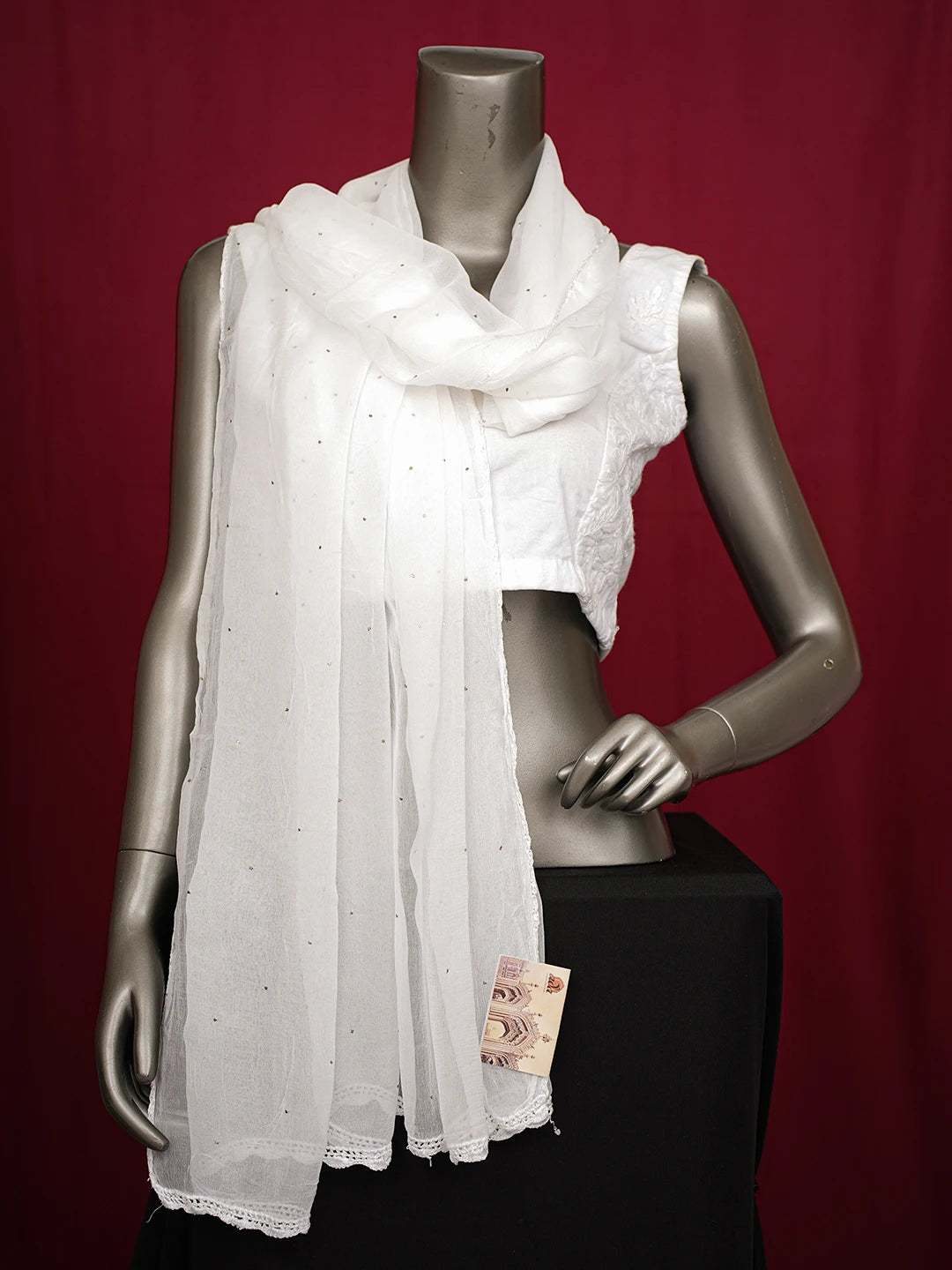 Ada Hand Embroidered White Chiffon Lucknowi Chikankari Dupatta With Muqaish Work 01A756595