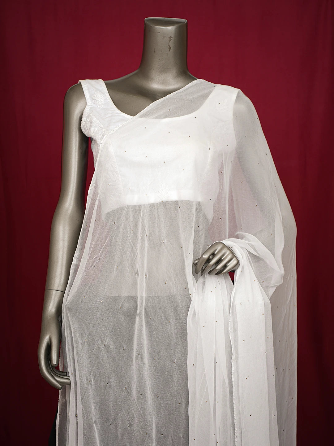 Ada Hand Embroidered White Chiffon Lucknowi Chikankari Dupatta With Muqaish Work 01A756595