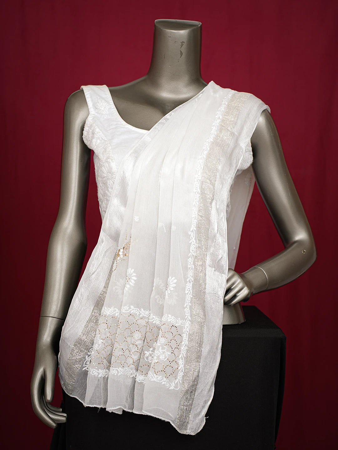 Ada Hand Embroidered White Chiffon Lucknowi Chikankari Dupatta With Mukaish Work 01A721829