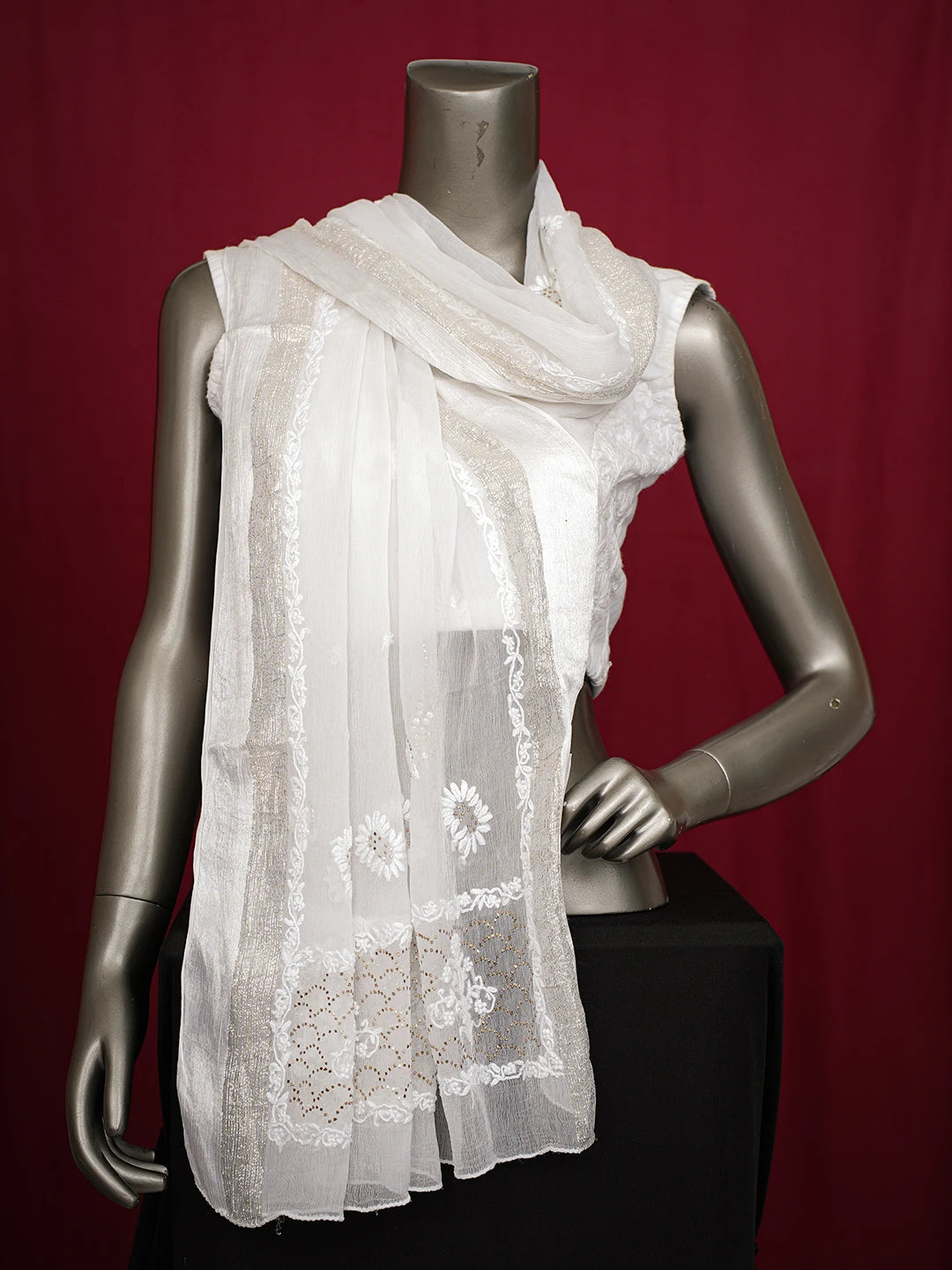 Ada Hand Embroidered White Chiffon Lucknowi Chikankari Dupatta With Mukaish Work 01A721829
