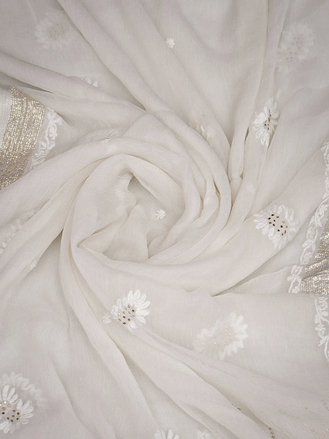 Ada Hand Embroidered White Chiffon Lucknowi Chikankari Dupatta With Mukaish Work 01A721829