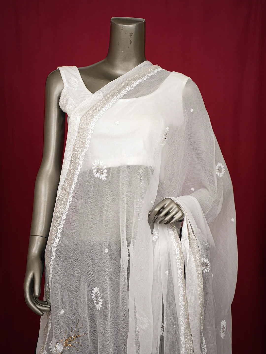 Ada Hand Embroidered White Chiffon Lucknowi Chikankari Dupatta With Mukaish Work 01A721829