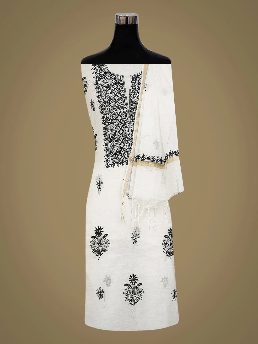 Ada Hand Embroidered White Chanderi Lucknowi Chikankari Unstitched Kurta Dupatta Set 01A762578