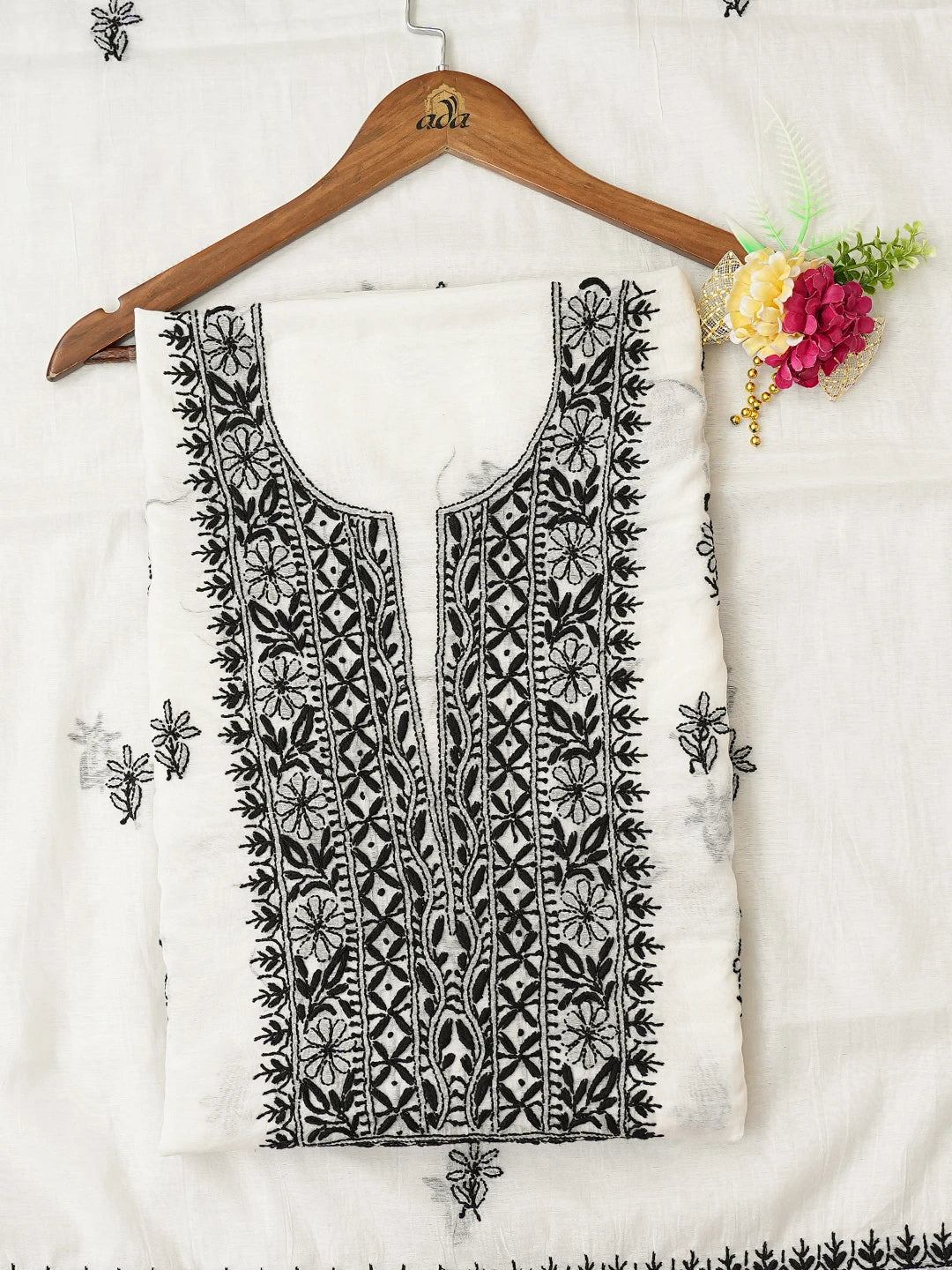 Ada Hand Embroidered White Chanderi Lucknowi Chikankari Unstitched Kurta Dupatta Set 01A762578