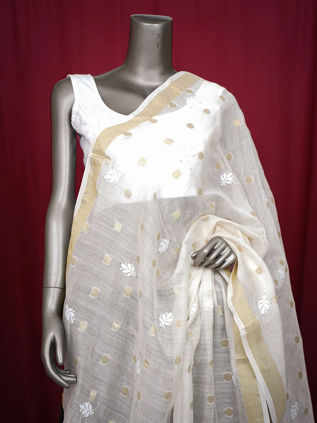 Ada Hand Embroidered Ivory White Chanderi Lucknowi Chikankari Dupatta With Zari Work 01A462053