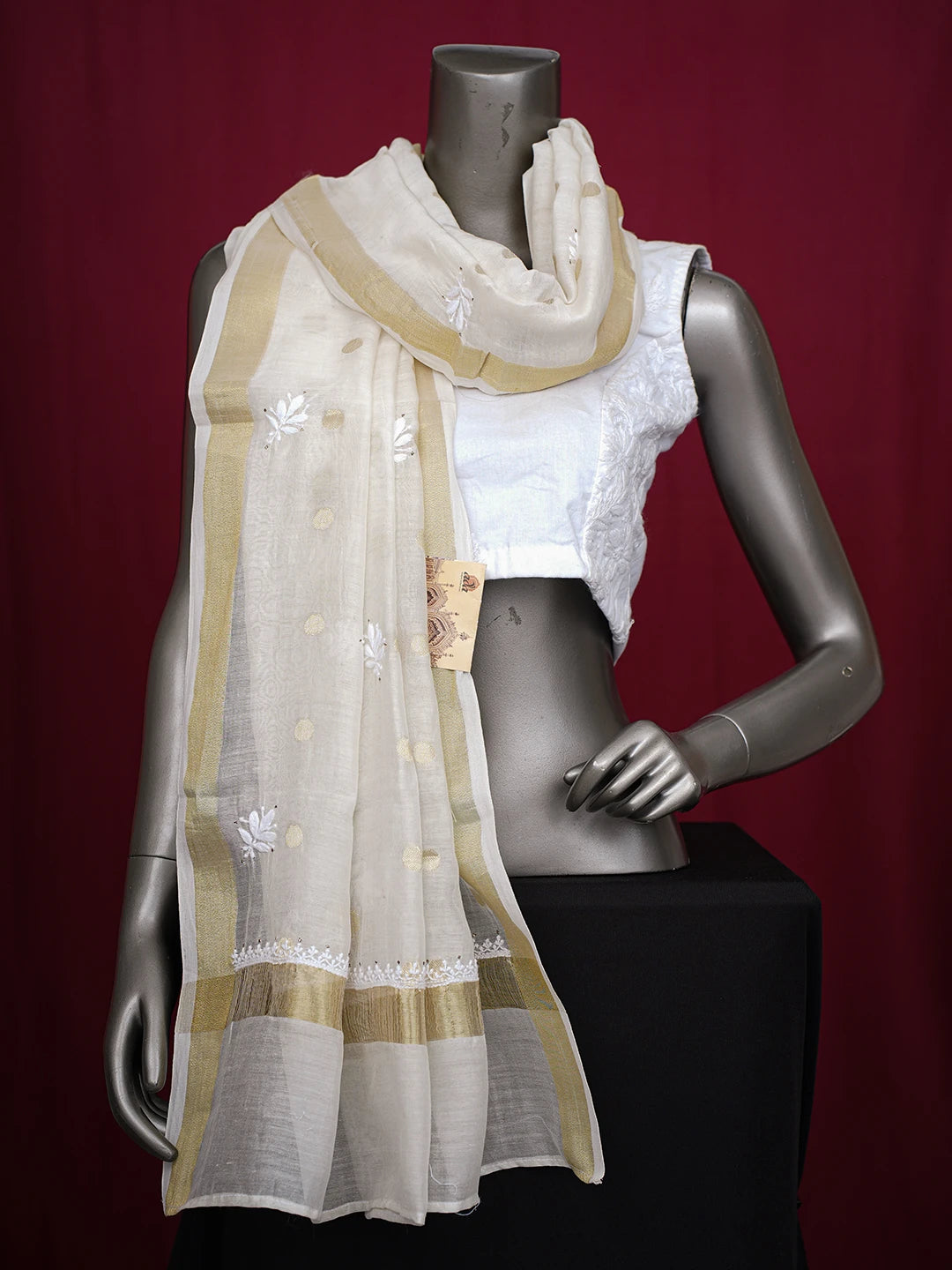 Ada Hand Embroidered Ivory White Chanderi Lucknowi Chikankari Dupatta With Zari Work 01A462053