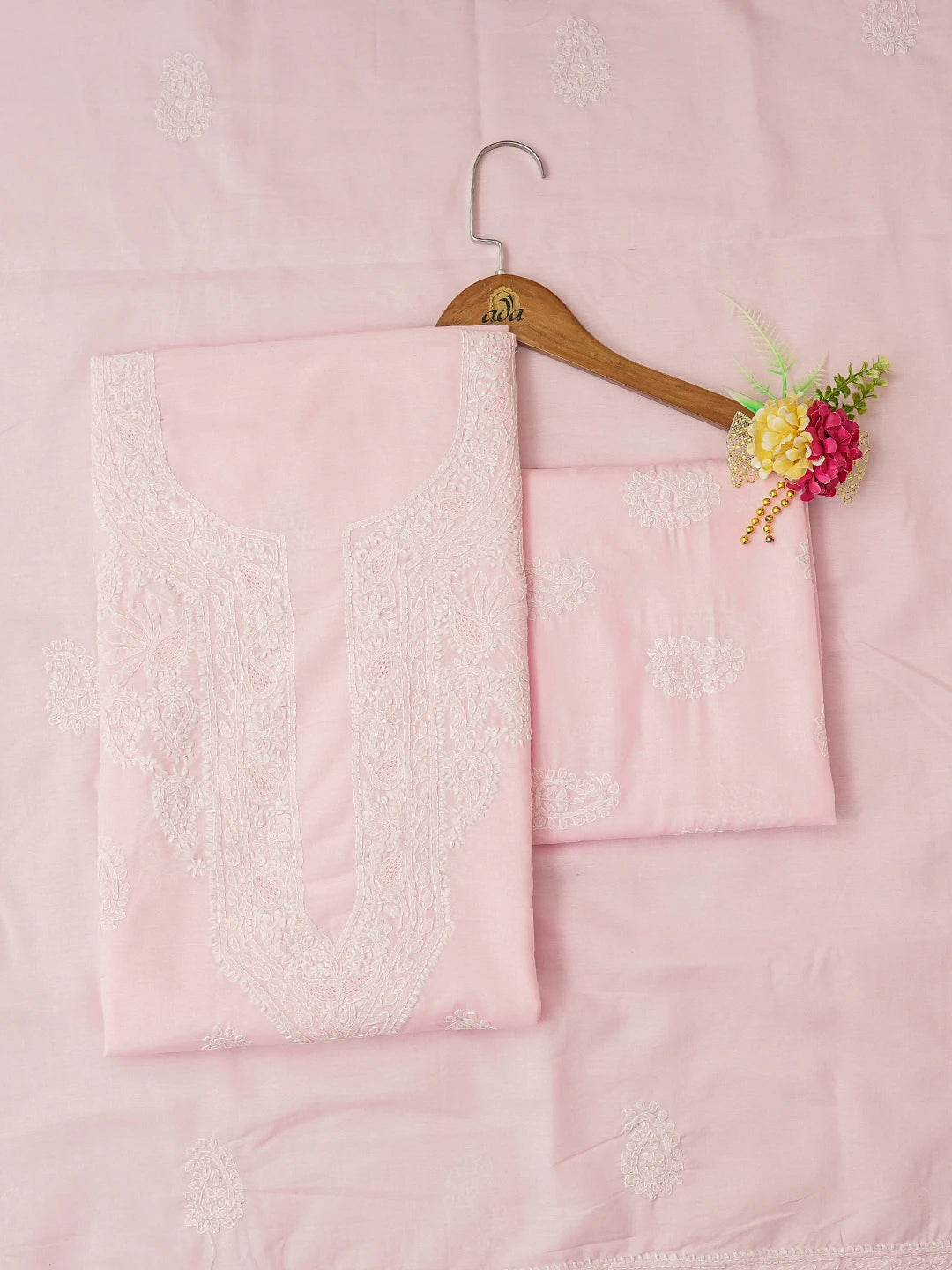 Ada Hand Embroidered Pink Cotton Lucknowi Chikankari Unstitched Suit Piece 01A678114