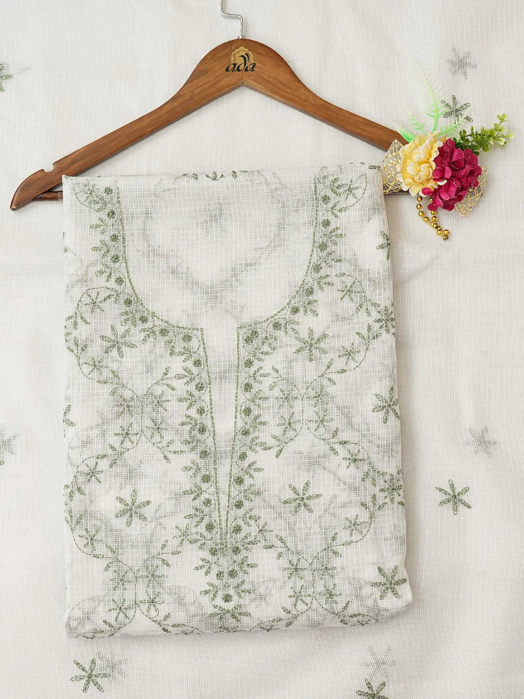 Ada Hand Embroidered White Kota Lucknowi Chikankari Unstitched Kurta Dupatta Set 01A760534