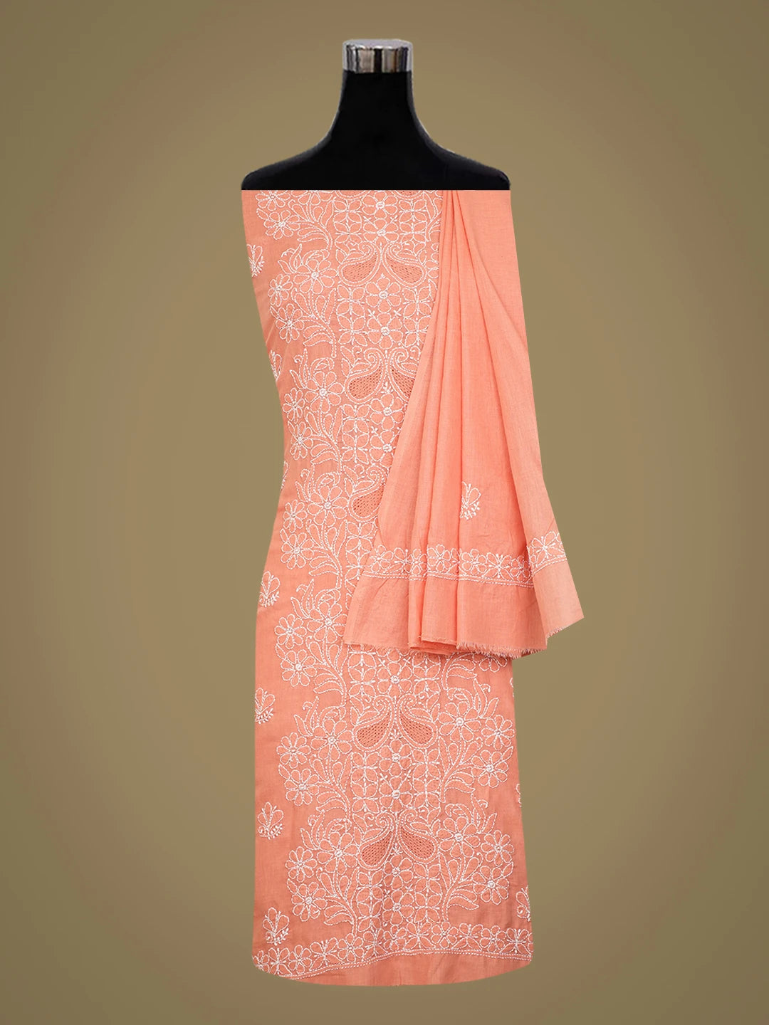 Ada Hand Embroidered Peach Cotton Lucknowi Chikankari Unstitched Suit Piece 01A761547
