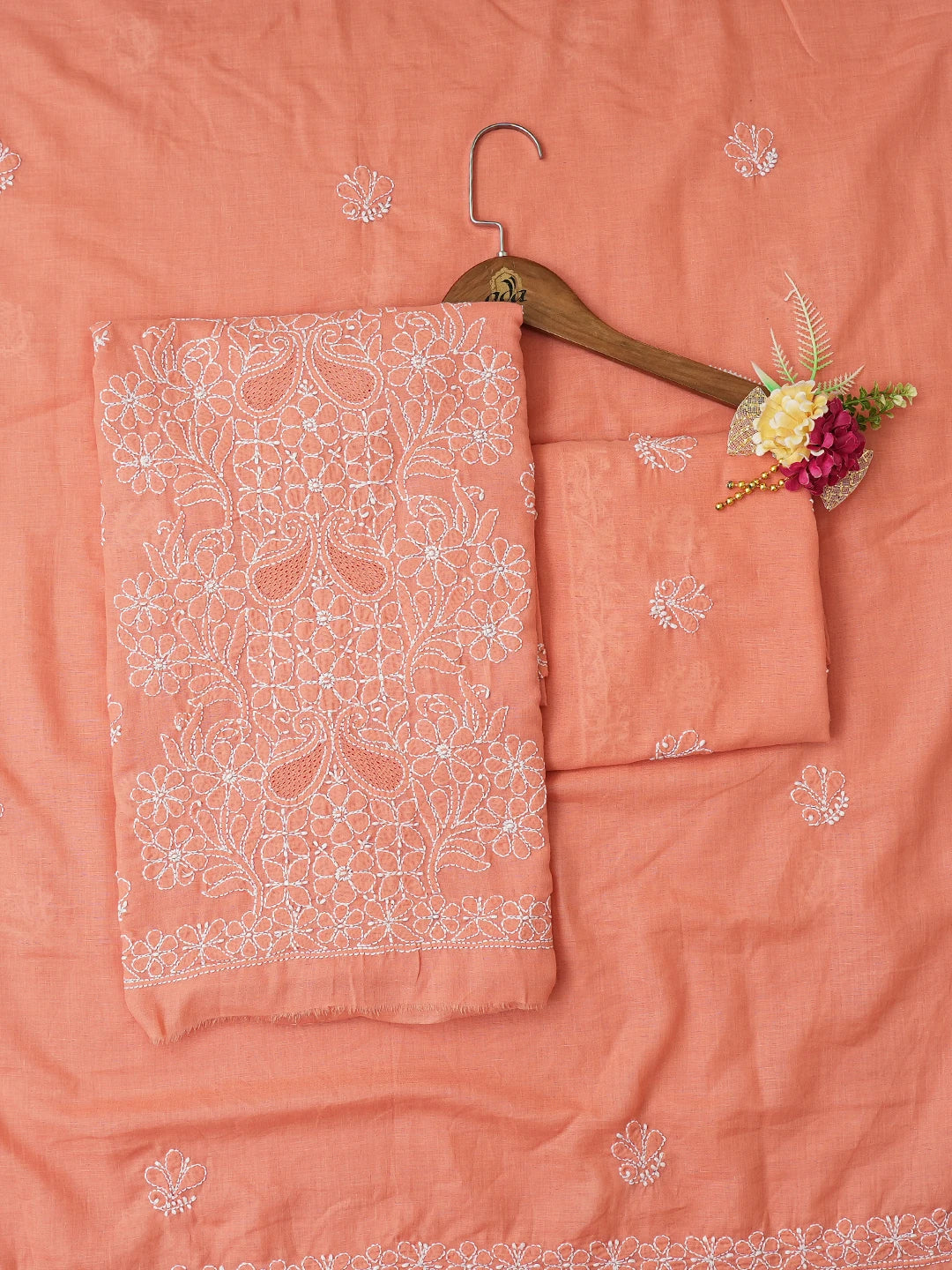 Ada Hand Embroidered Peach Cotton Lucknowi Chikankari Unstitched Suit Piece 01A761547