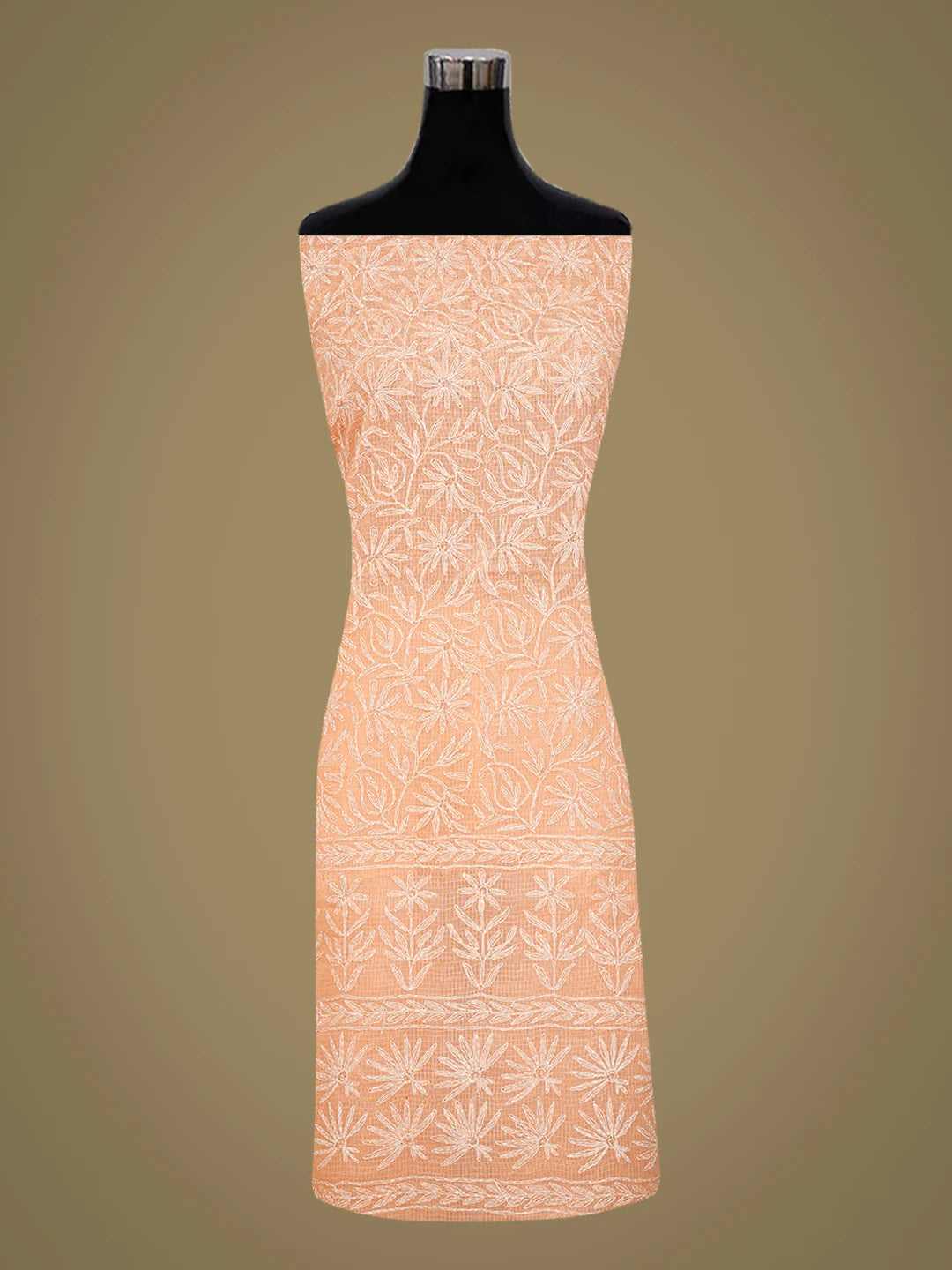 Ada Hand Embroidered Peach Kota Lucknowi Chikankari Unstitched Kurta Dupatta Set 01A751105