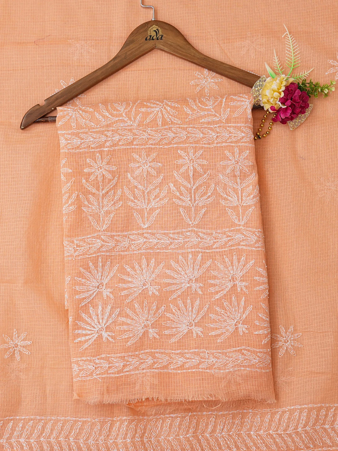Ada Hand Embroidered Peach Kota Lucknowi Chikankari Unstitched Kurta Dupatta Set 01A751105