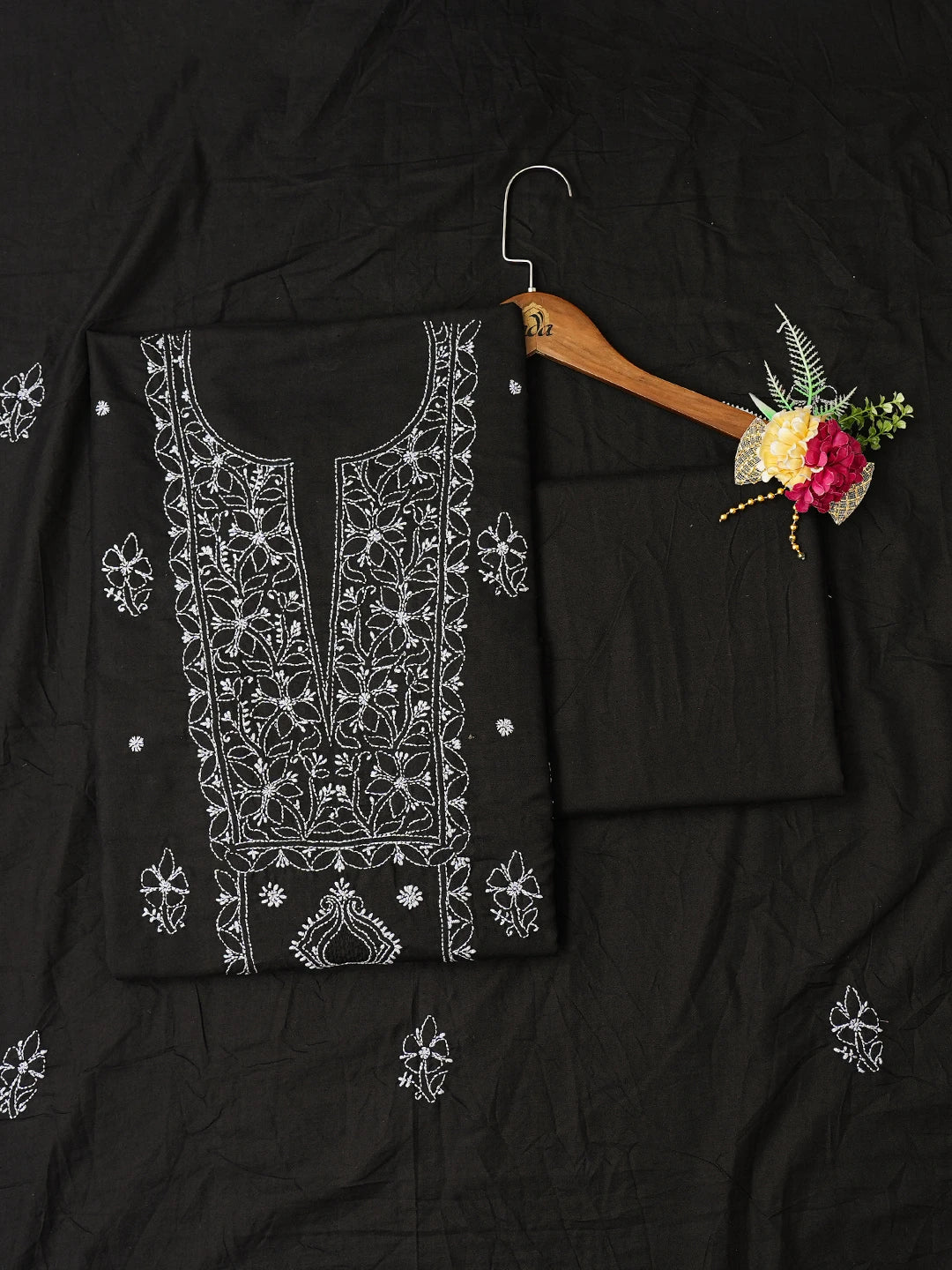 Ada Hand Embroidered Black Cotton Lucknowi Chikankari Unstitched Suit Piece 01A761535