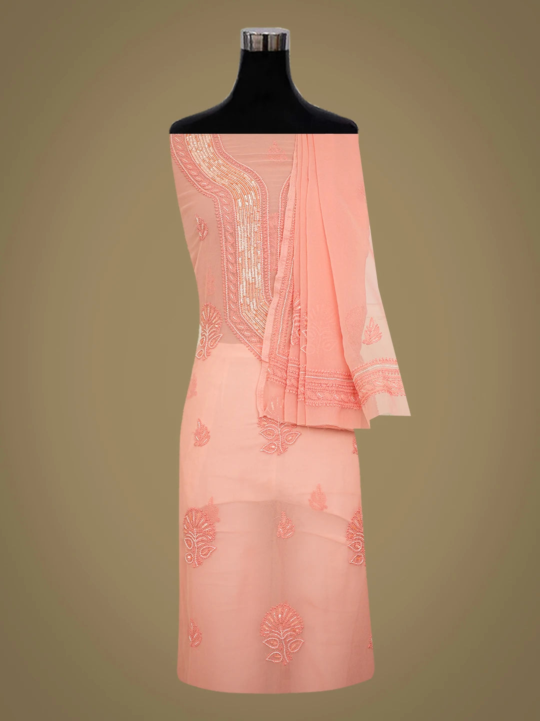 Ada Hand Embroidered Peach Georgette Lucknowi Chikankari Unstitched Suit Piece With Cutdana Work 01A713295