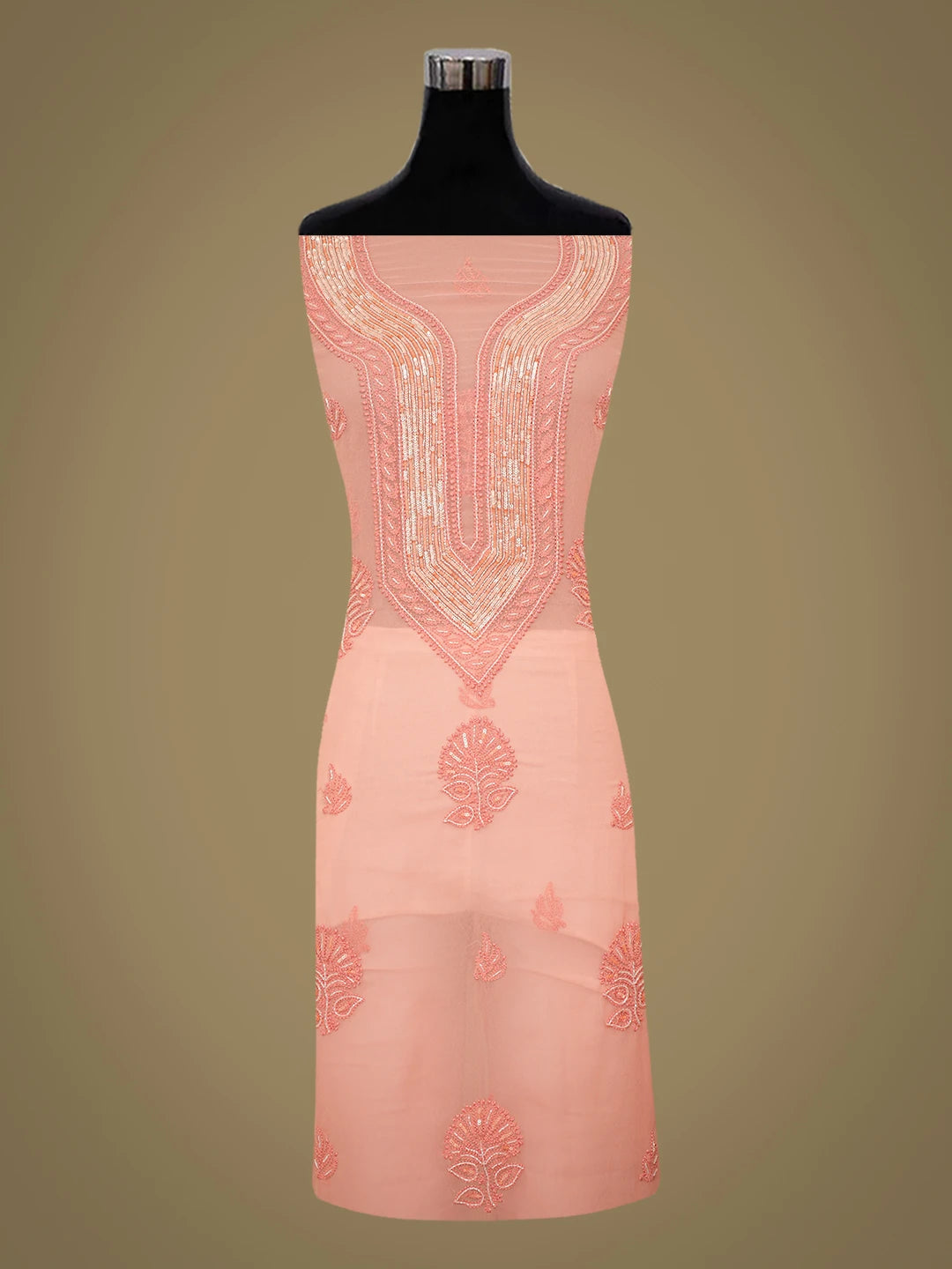 Ada Hand Embroidered Peach Georgette Lucknowi Chikankari Unstitched Suit Piece With Cutdana Work 01A713295