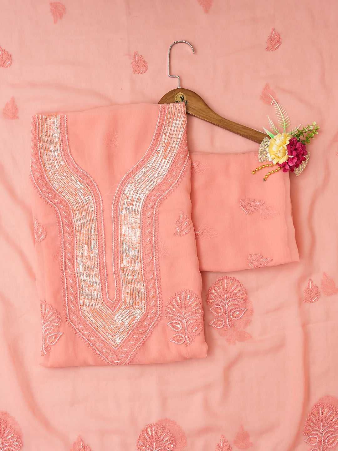 Ada Hand Embroidered Peach Georgette Lucknowi Chikankari Unstitched Suit Piece With Cutdana Work 01A713295