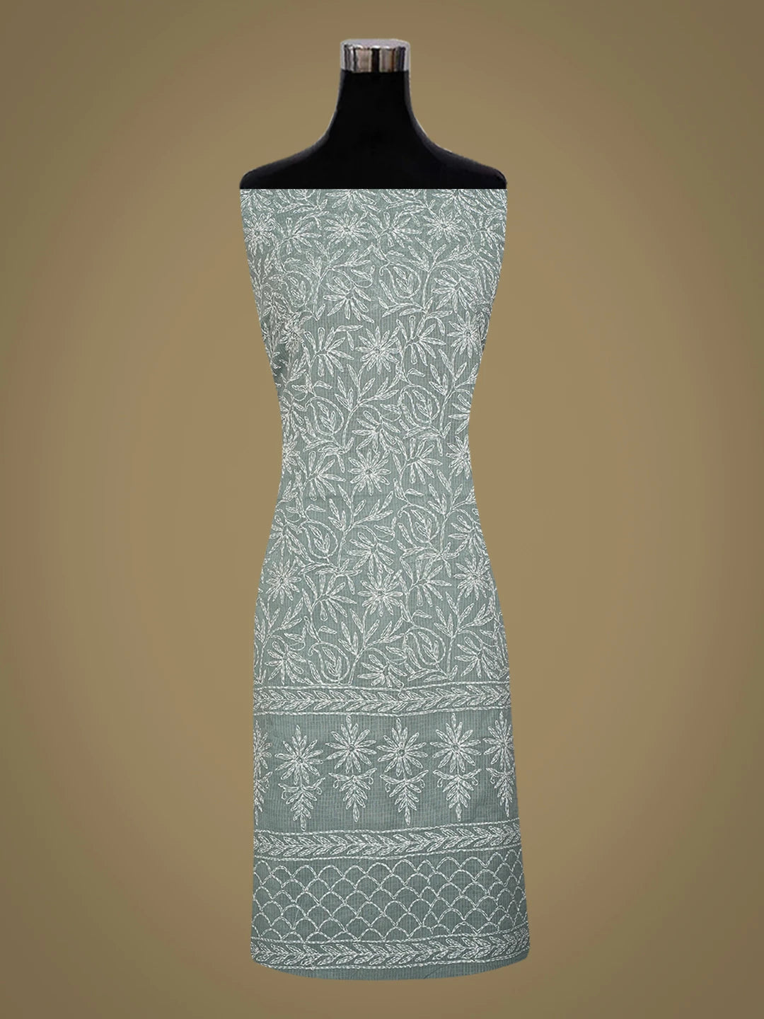 Ada Hand Embroidered Grey Kota Lucknowi Chikankari Unstitched Kurta Dupatta Set 01A751318